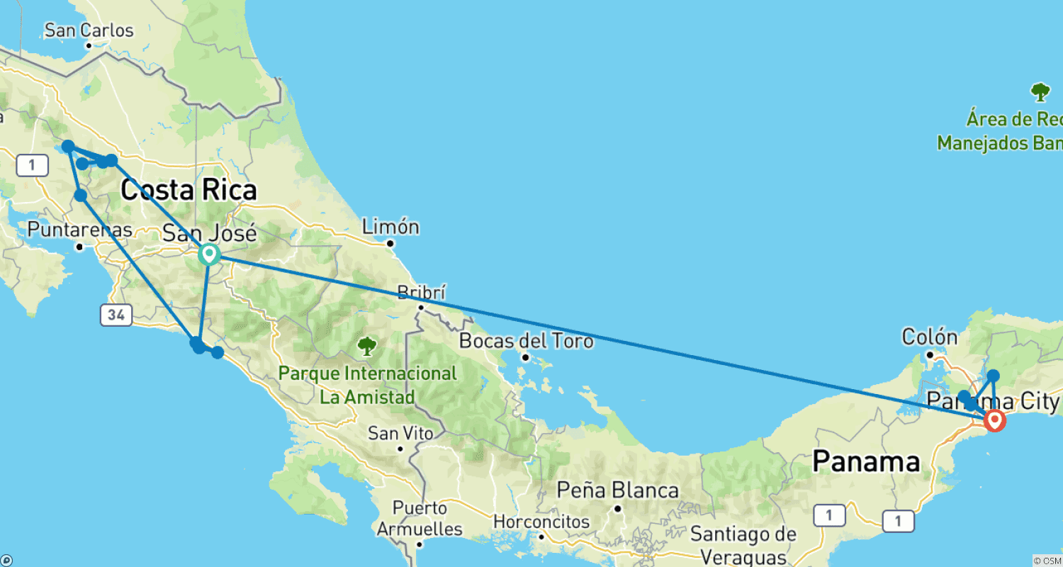 خريطة مسار Best of Costa Rica & Panama - 13 days