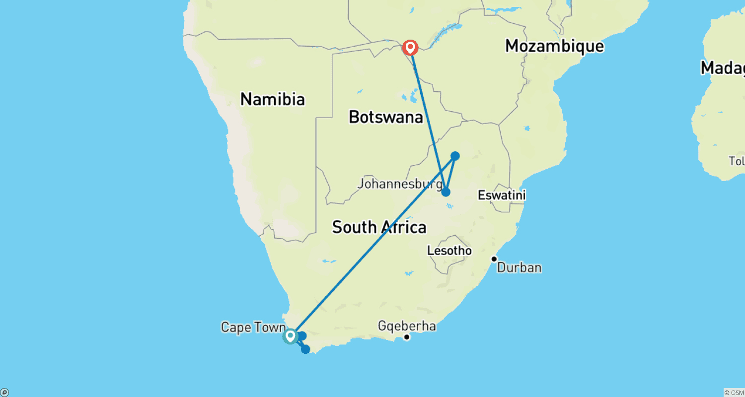خريطة مسار Cape Town Break, Safari & Vic Falls - 10 days