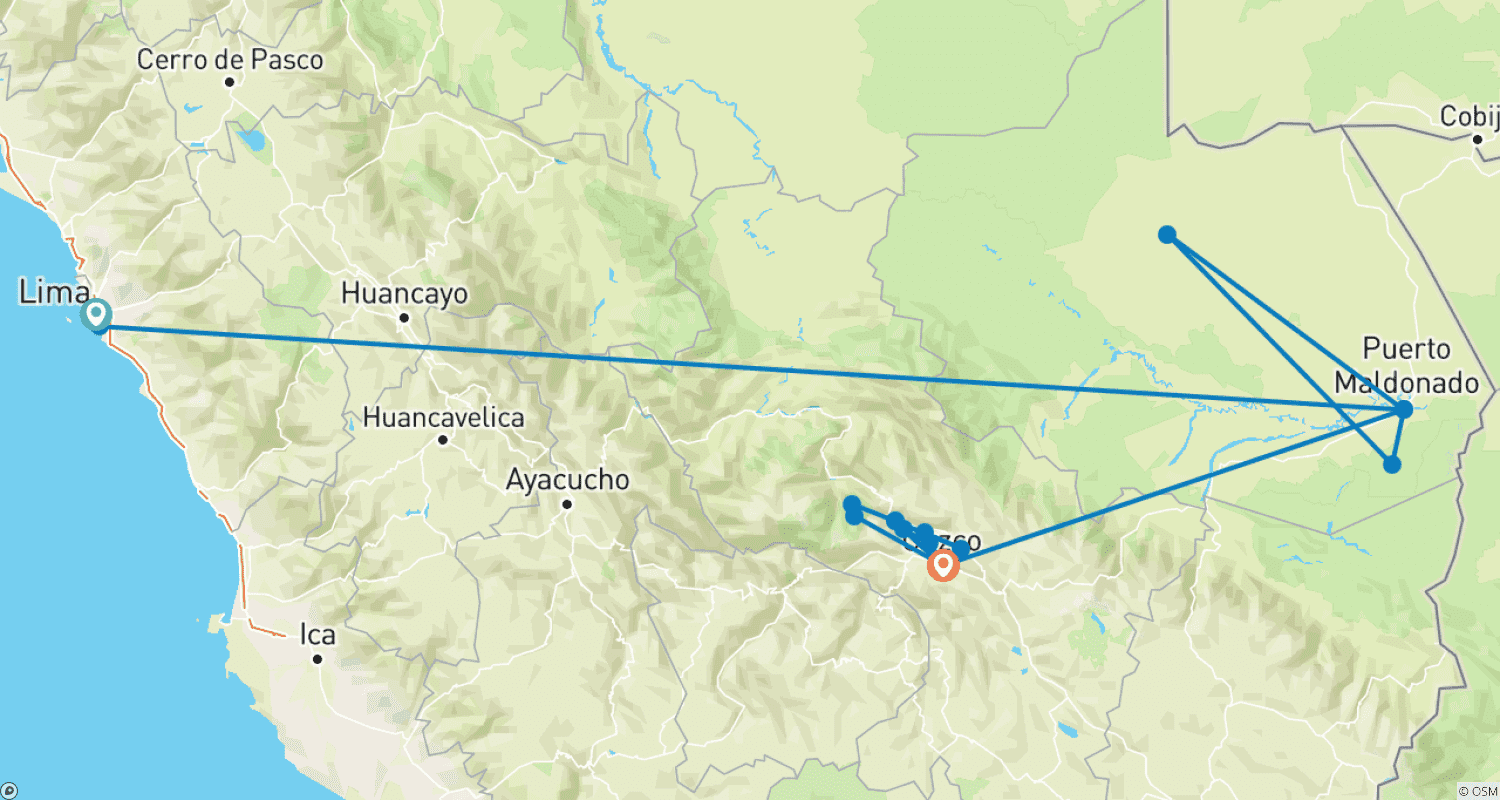 Mapa do percurso de Lima, Amazon, Machu Picchu & Cusco - 8 days