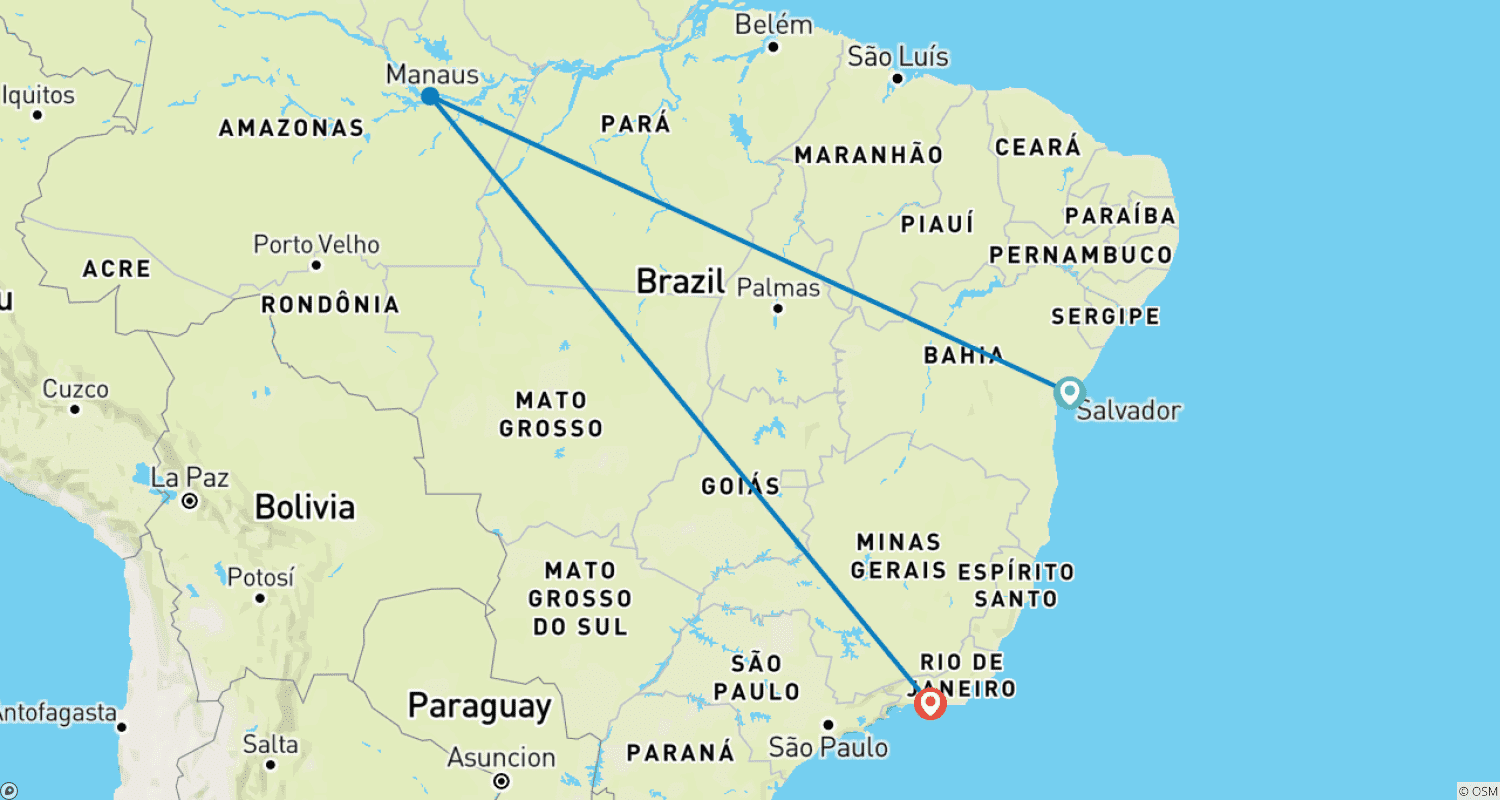 ブラジル最高峰:リオ、サルバドール、アマゾン熱帯雨林 13日間の冒険と発見のルートマップ