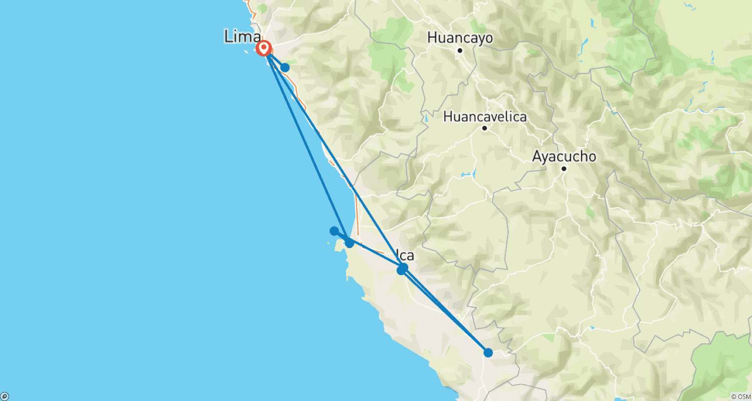 خريطة مسار 5 أيام - مدينة ليما و Paracas و Huacachina و Nazca