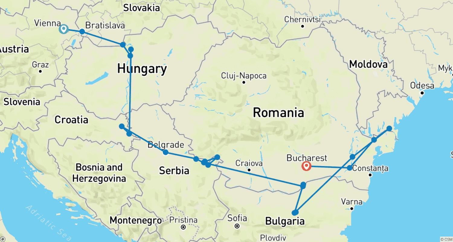 خريطة مسار 1.200 Miles on the Beautiful Blue Danube (Vienna - Bucharest)
