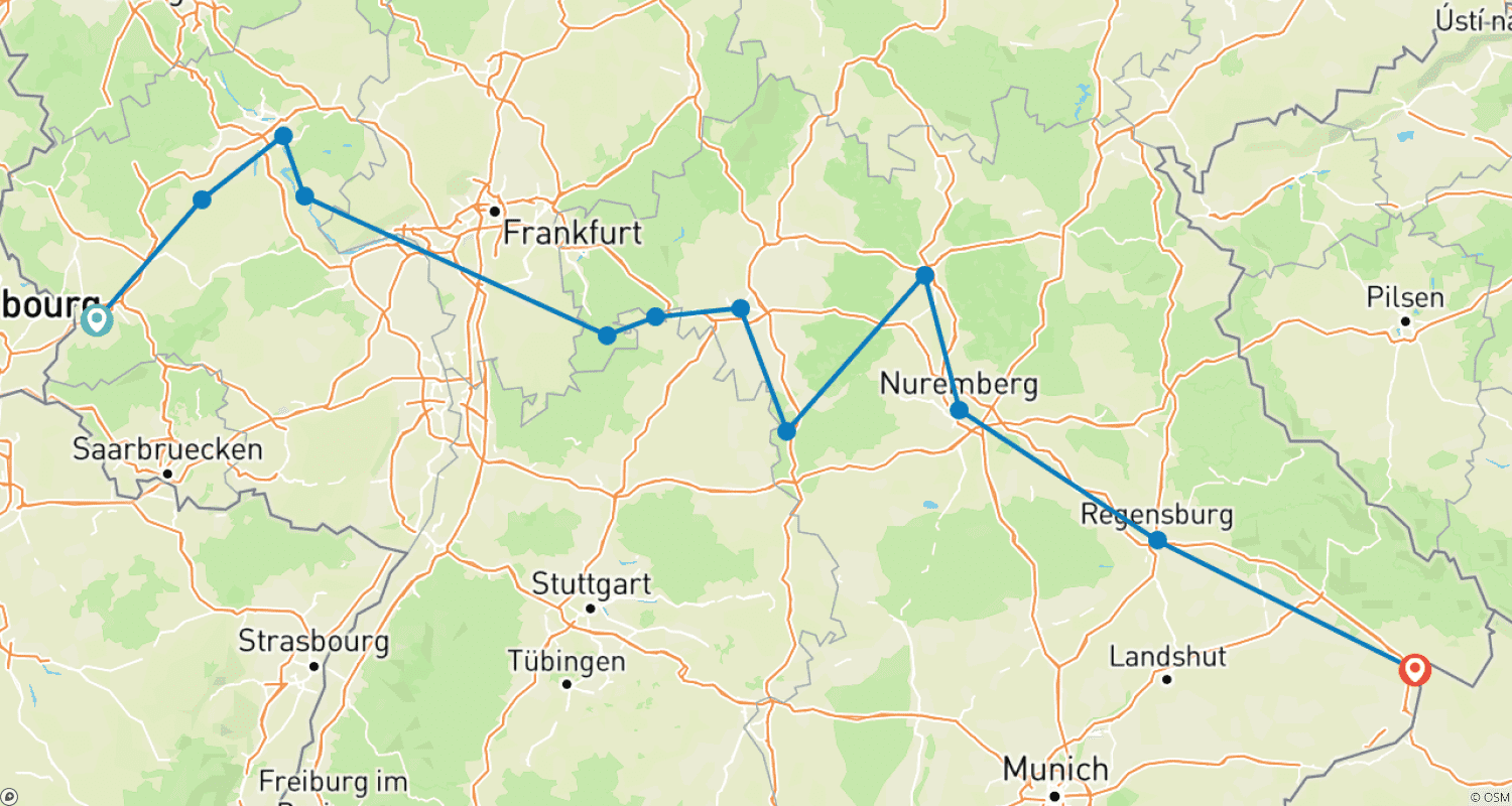 Mapa trasy: Niemieckie krajobrazy rzeczne z Trewiru do Pasawy (Trewir - Pasawa) (12 miejsc docelowych)