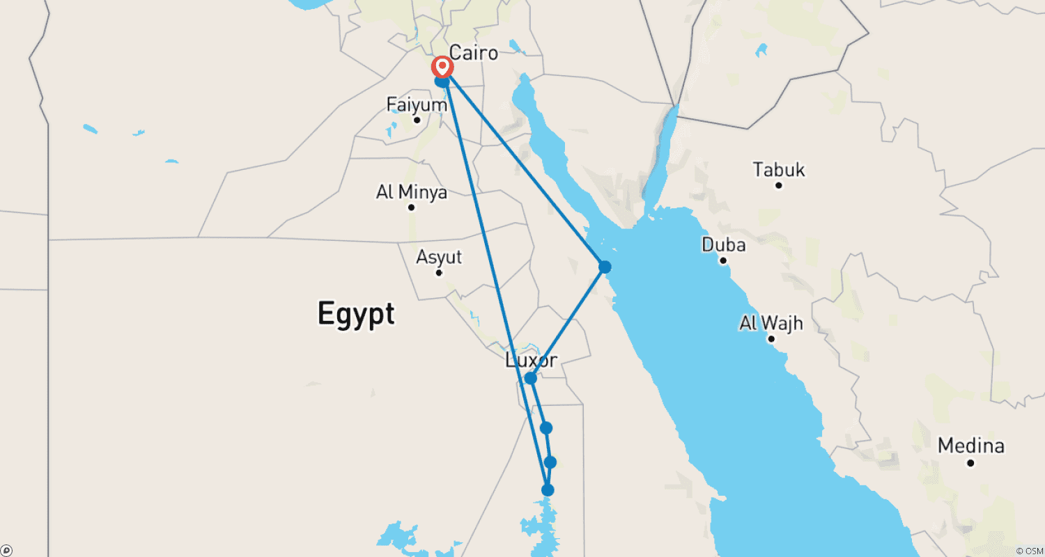 Mapa do percurso de 10 dias de Viagem ao Egito: Cairo, Cruzeiro no Nilo e Fuga para o Mar Vermelho