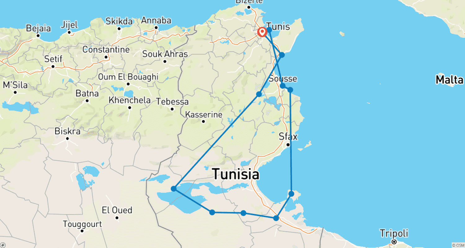 Mapa do percurso de Tunísia Exótica Premium 10 Noites | 11 Dias