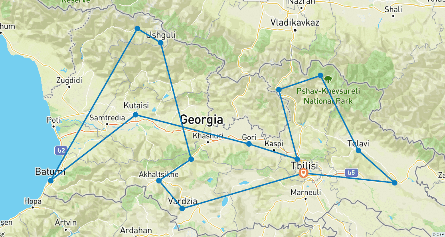Mapa do percurso de Legendary Georgia Journey: From the Caucasus to the Black Sea