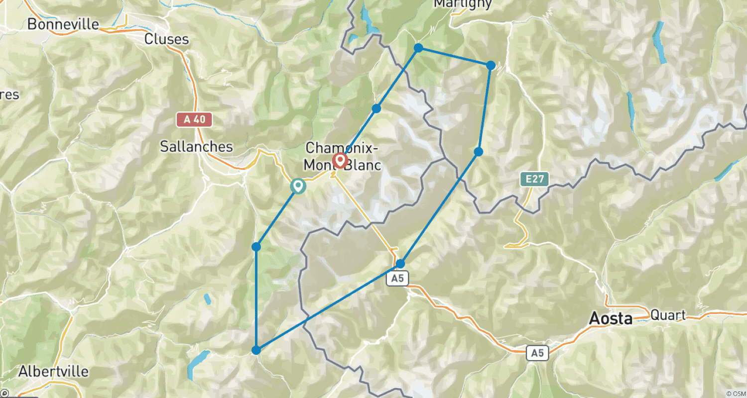 خريطة مسار جولة Tour du Mont Blanc الكلاسيكية: رحلة بصحبة مرشد لمدة 10 أيام - مخصصة للنساء فقط