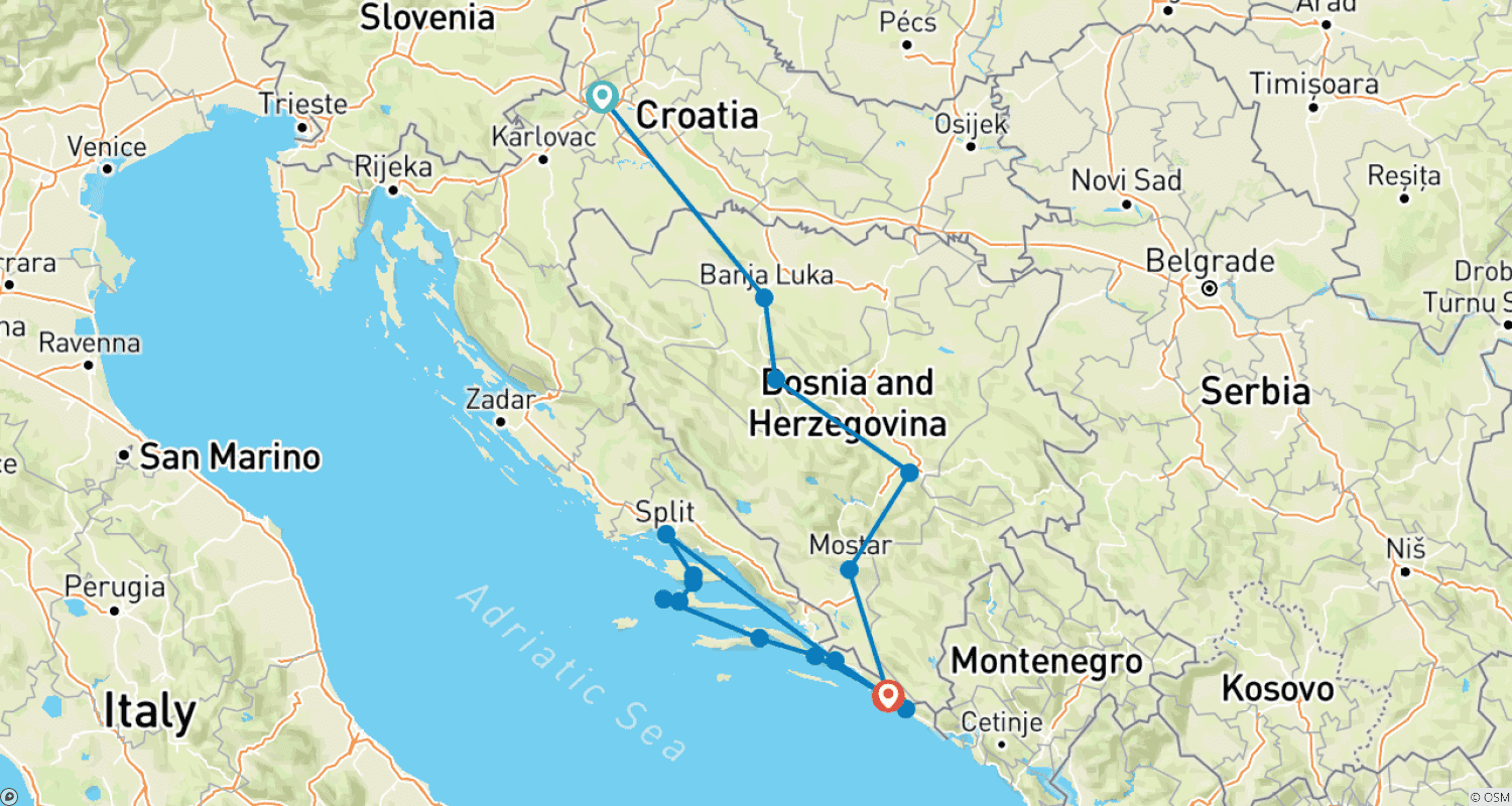 Mapa do percurso de Croatia and the Islands of the Dalmatian Coast
