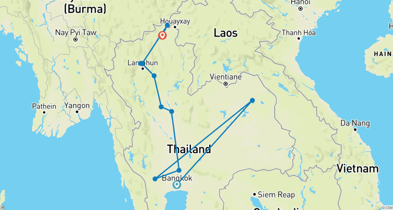 Complete Thailand with Kanchanaburi – Ending in Chiang Raiのルートマップ