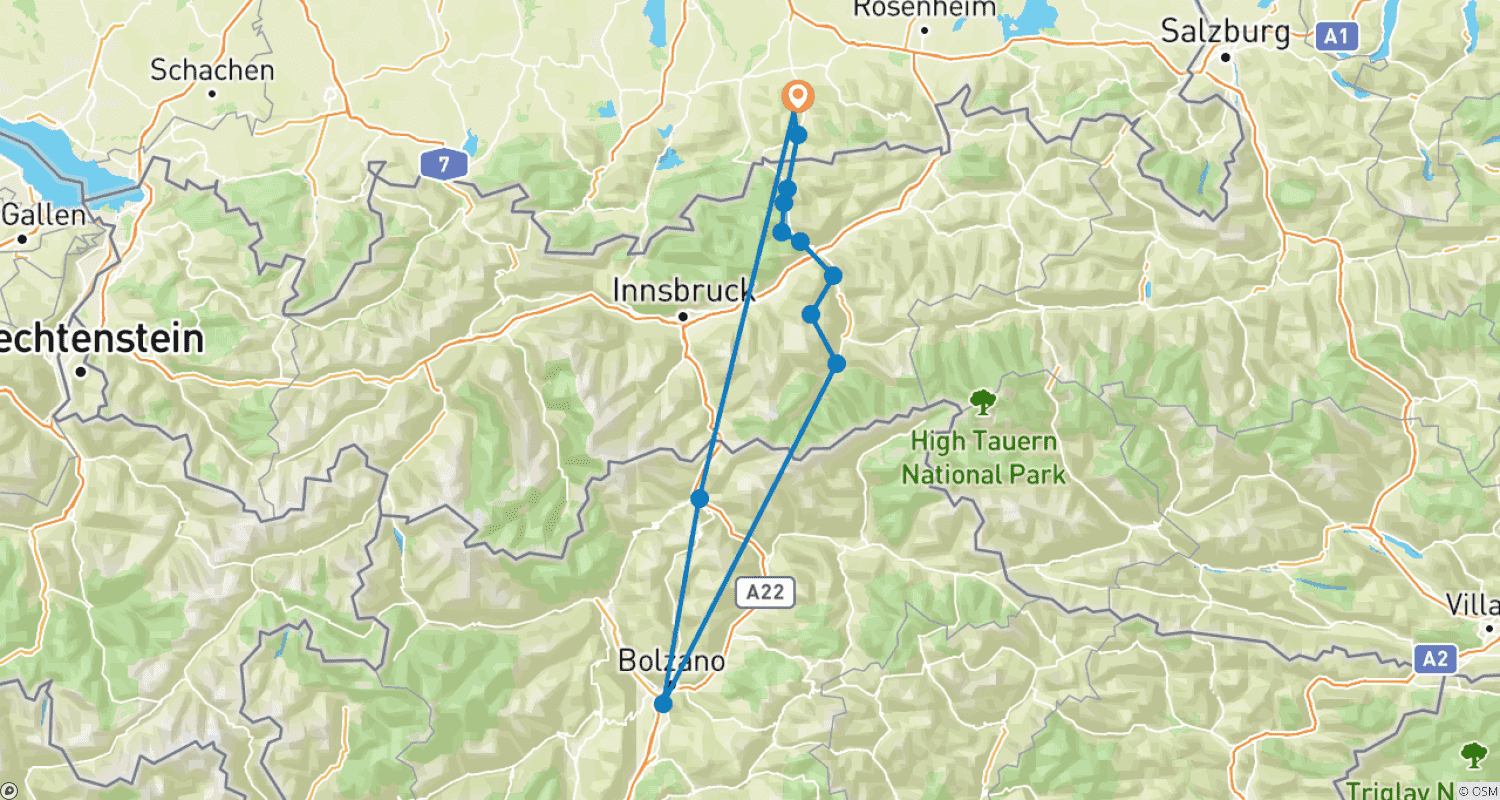 Mapa do percurso de Alpine Crossing from Tegernsee to Sterzing - individual