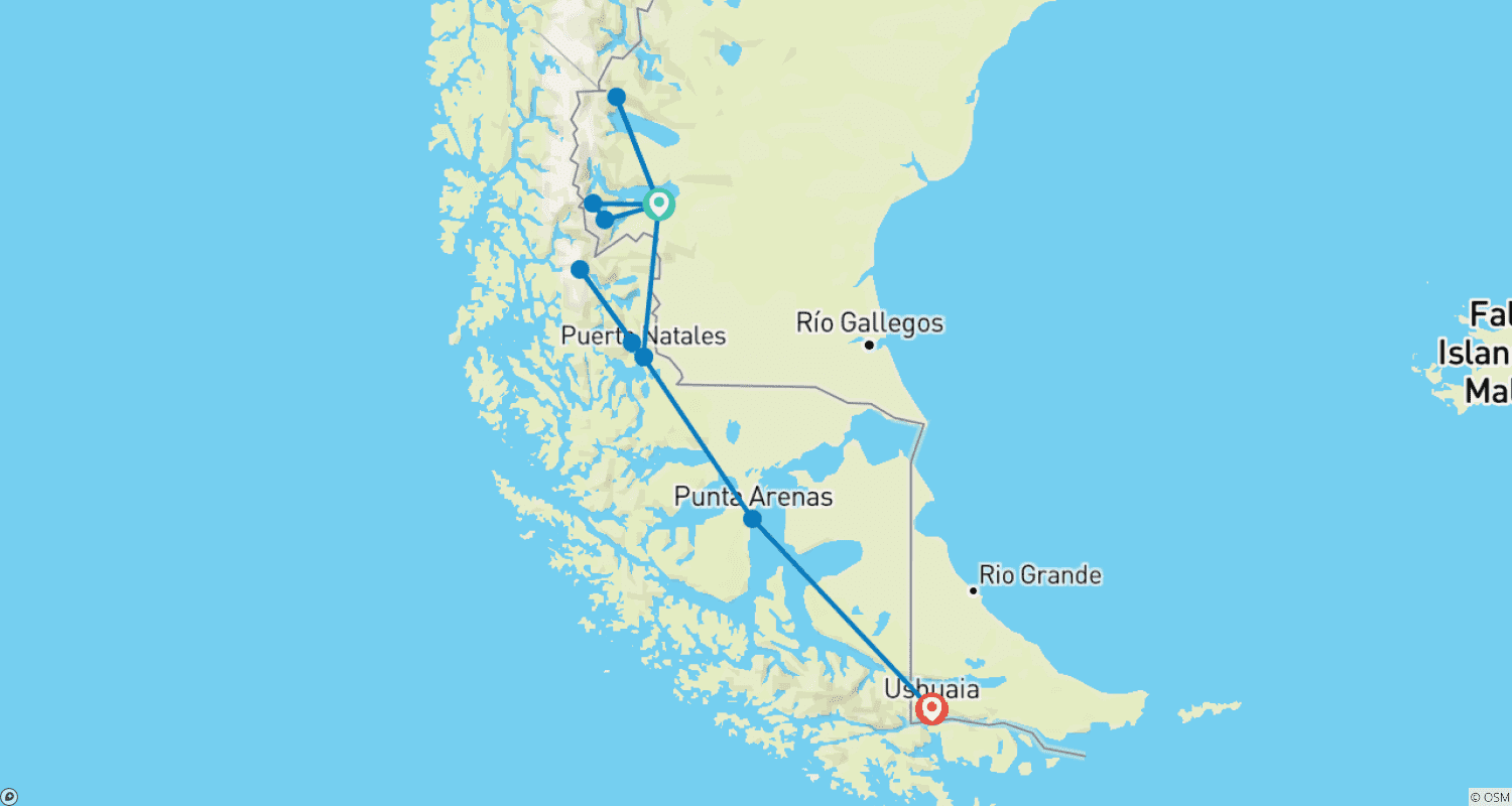 خريطة مسار From Glaciers to the End of the World — El Calafate, Torres del Paine & Ushuaia