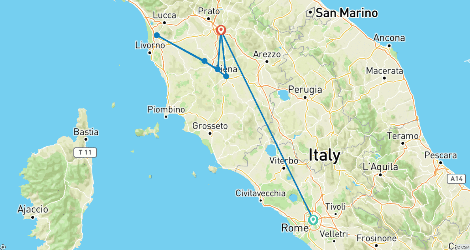 Mapa do percurso de Roma, Florença e Toscana: a viagem definitiva para a história e a arte