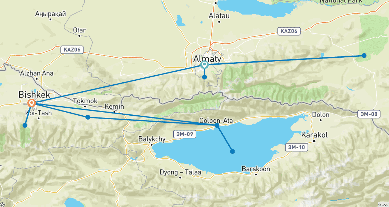 Mapa do percurso de 8 Days Essential Kazakhstan To Kyrgyzstan Small Group Tour 4Star Hotel （Max 16）