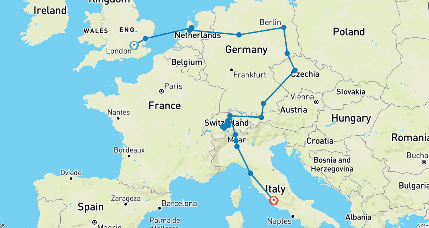 ロンドンからローマへ巡るヨーロッパ周遊の旅のルートマップ