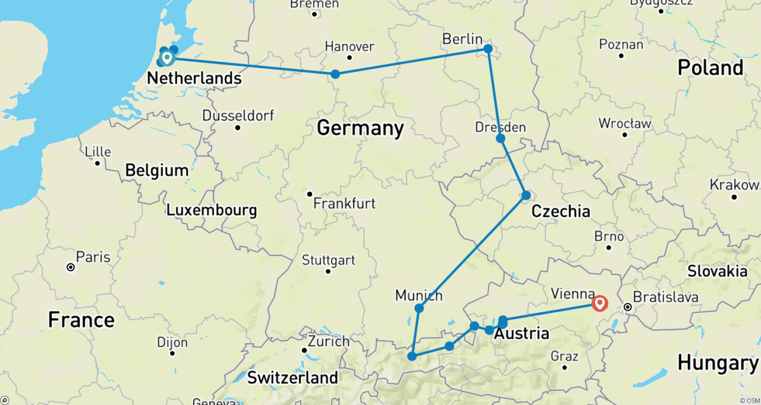 Mapa do percurso de De Amsterdã a Viena GO