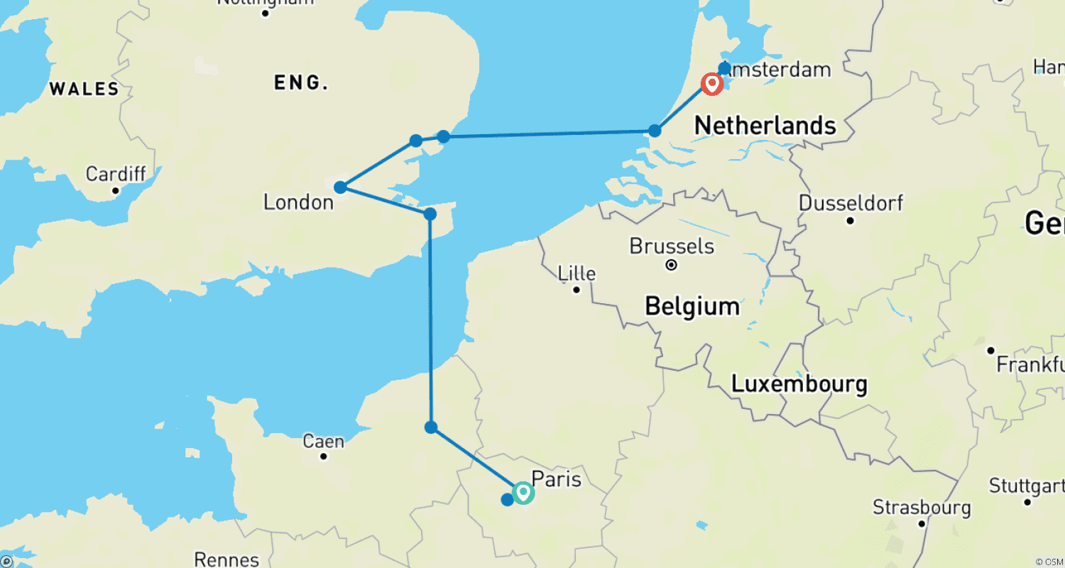 Mapa trasy: Paryż, Londyn i Amsterdam START