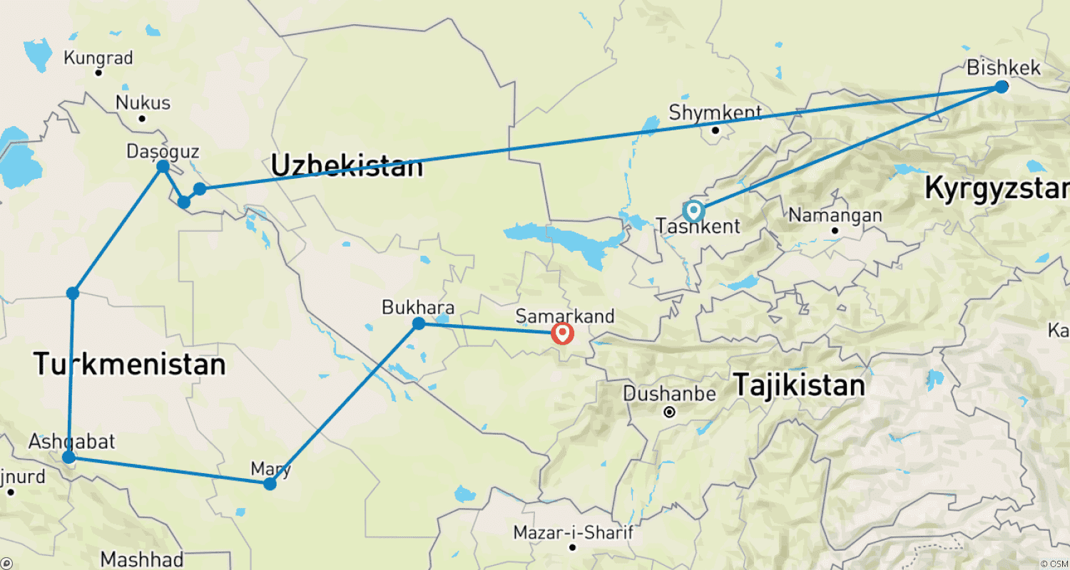 Mapa trasy: 11-dniowa wycieczka w małej grupie: cuda Uzbekistanu i Turkmenistanu | hotel 4* (max 16)