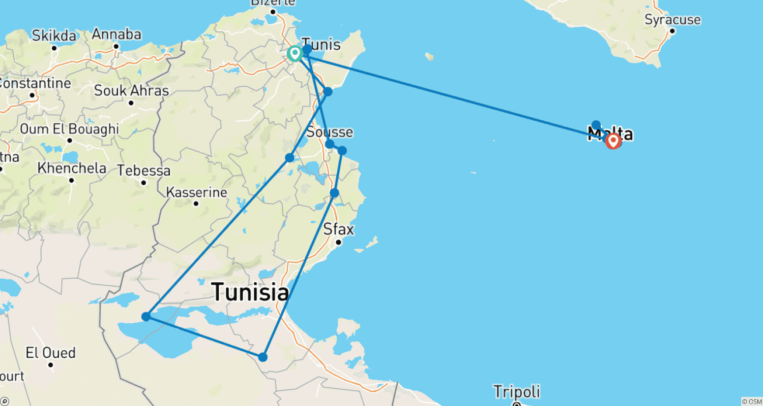 خريطة مسار Tunisia & Malta Top Deluxe 12 nights | 13 days