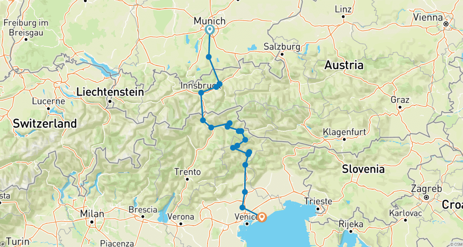 From Munich to Jesolo 9 Daysのルートマップ