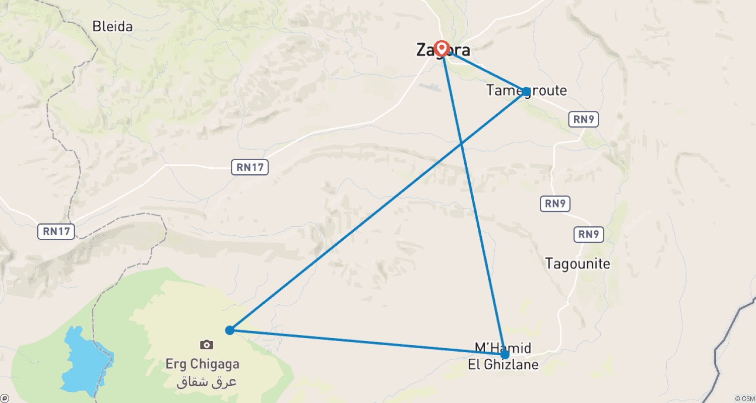 Mapa do percurso de Passeios Privados no Deserto de 2 Dias e 1 Noite de Zagora a Erg Chigaga