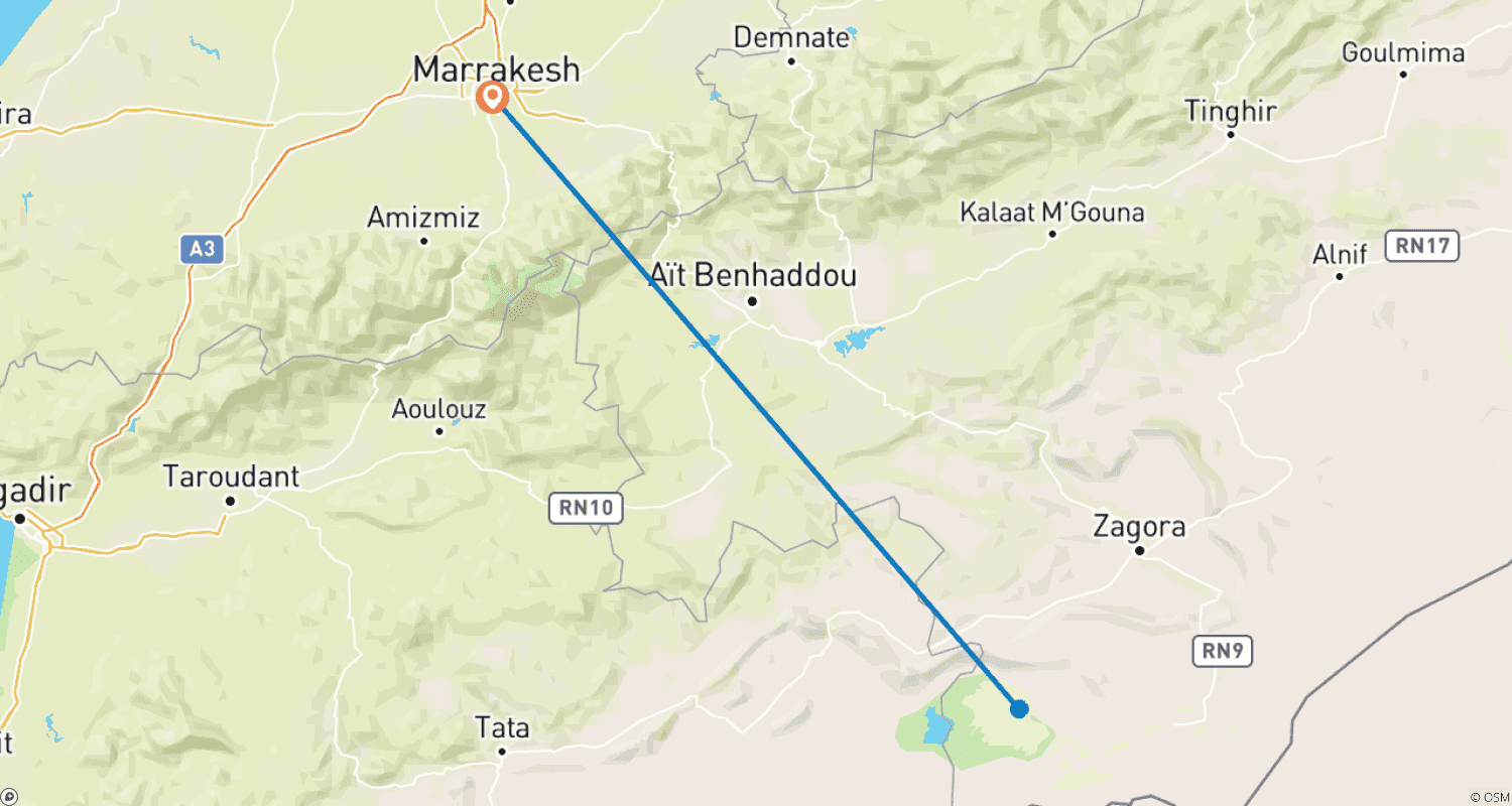Mapa trasy: 3 days in erg Chegaga by jet
