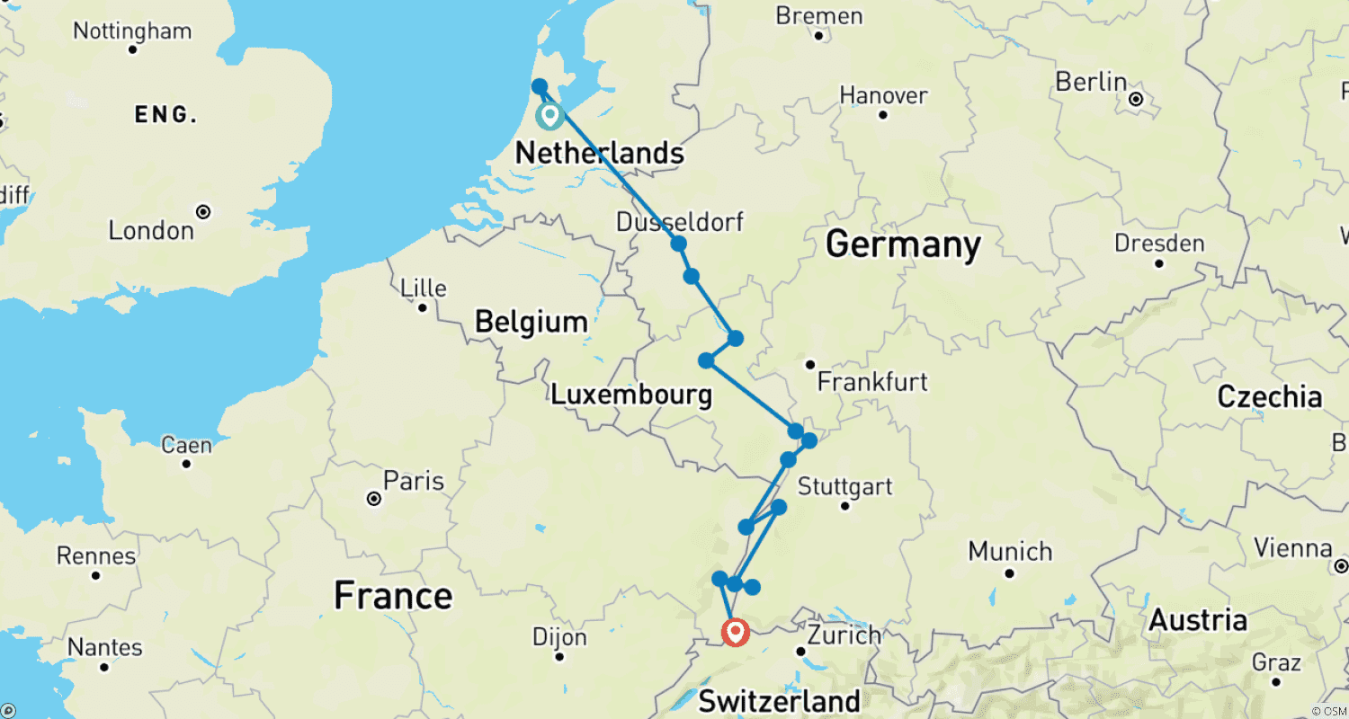 خريطة مسار Jewels of the Rhine 2027 - 8 Days (from Amsterdam to Basel)