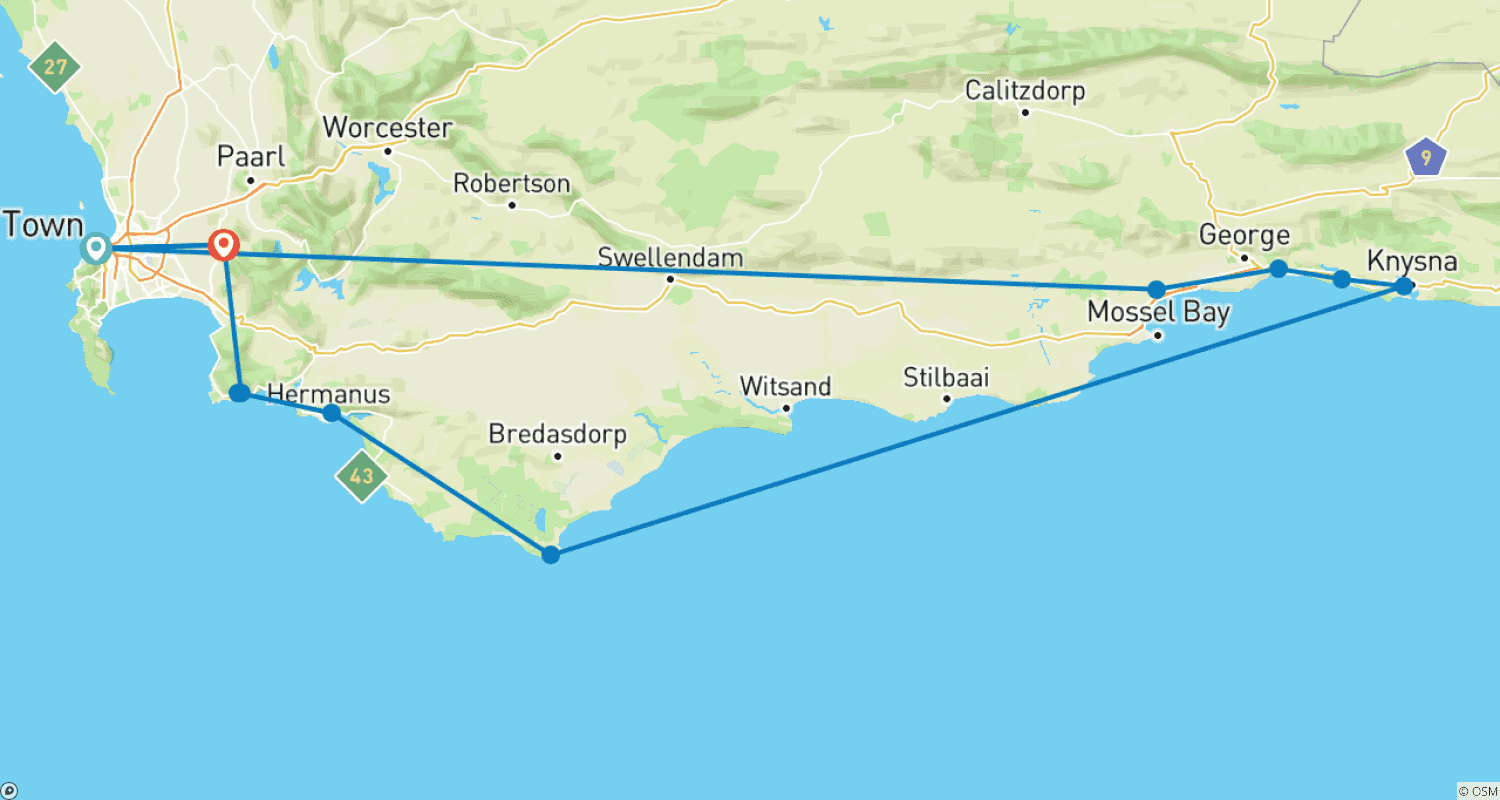3 day Tip of Africa to Garden Route + Safariのルートマップ