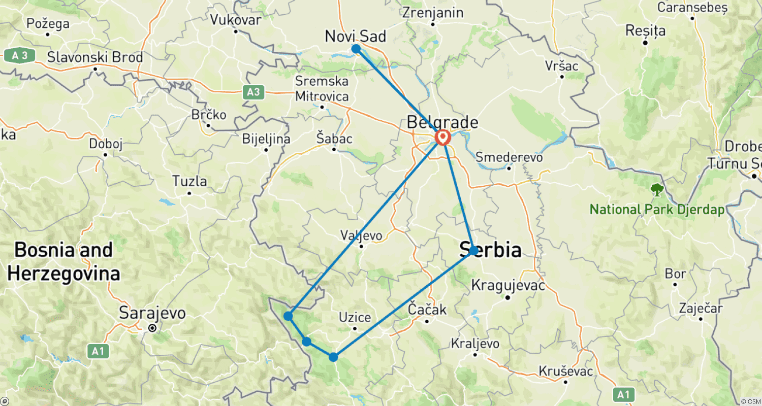 Mapa do percurso de O Melhor da Sérvia em 5 Dias