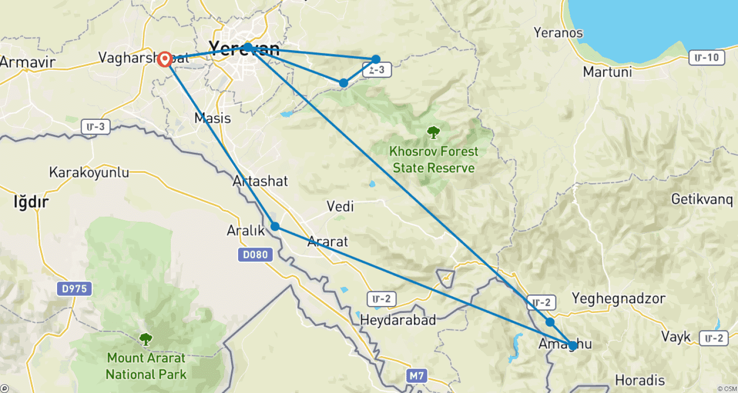 Mapa trasy: 3-dniowy pakiet kulturalno-historyczny w Armenii