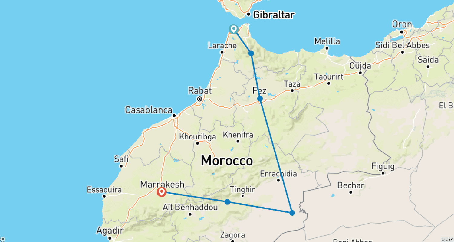 خريطة مسار جولة صحراوية في المغرب لمدة 5 أيام من طنجة إلى مراكش