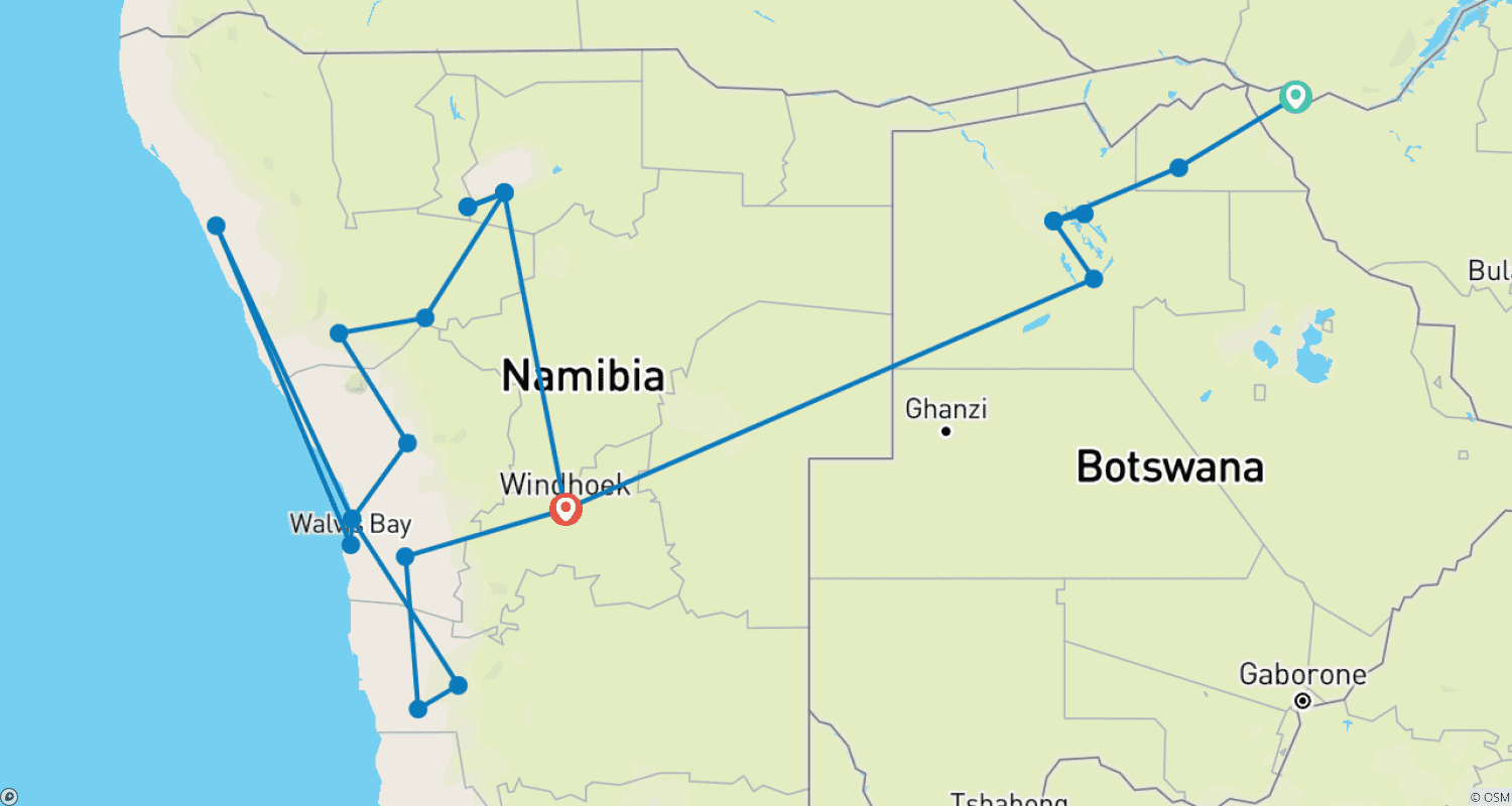 Mapa trasy: Luksusowe Safari po Afryce, 17 Dni | Zimbabwe • Botswana • Namibia Wodospady Wiktorii • Delta Okawango • Pustynia Namib • Damaraland • Etosha
