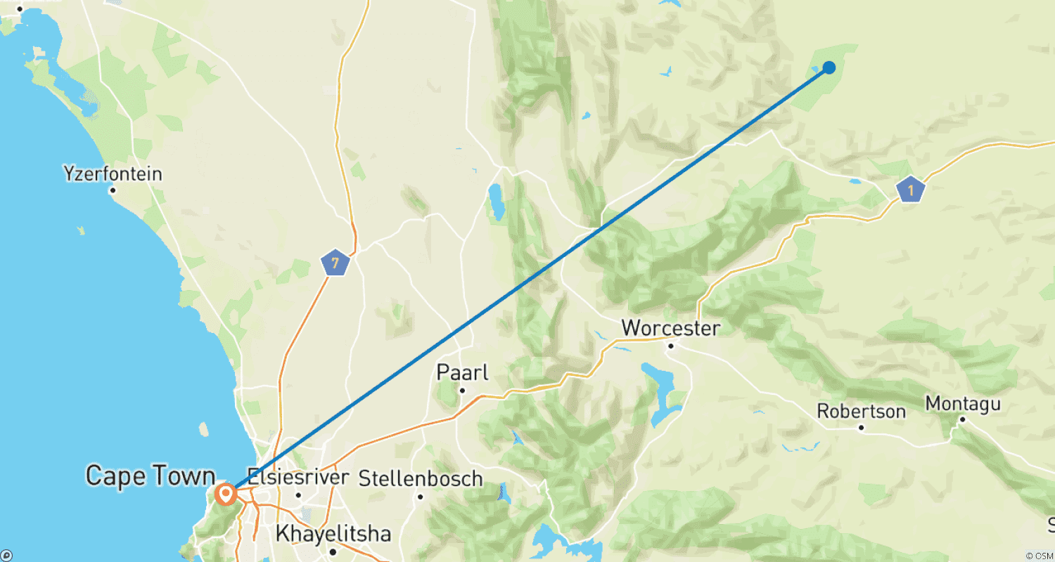 Mapa trasy: 3-dniowe safari w Inverdoorn z Kapsztadu