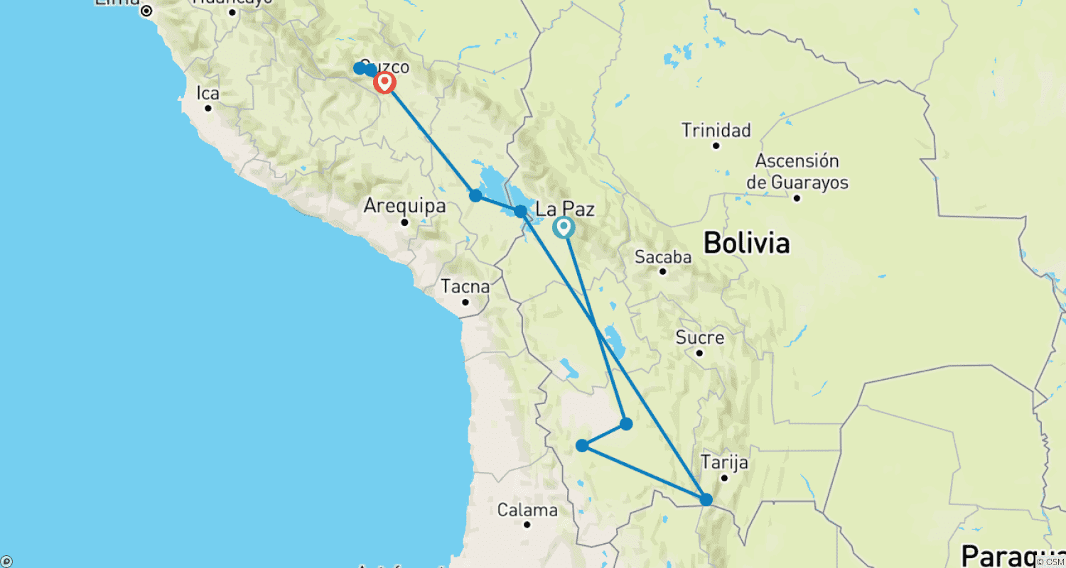 Mapa do percurso de 15 dias entre salinas, Andes e culturas ancestrais: Bolívia e Peru