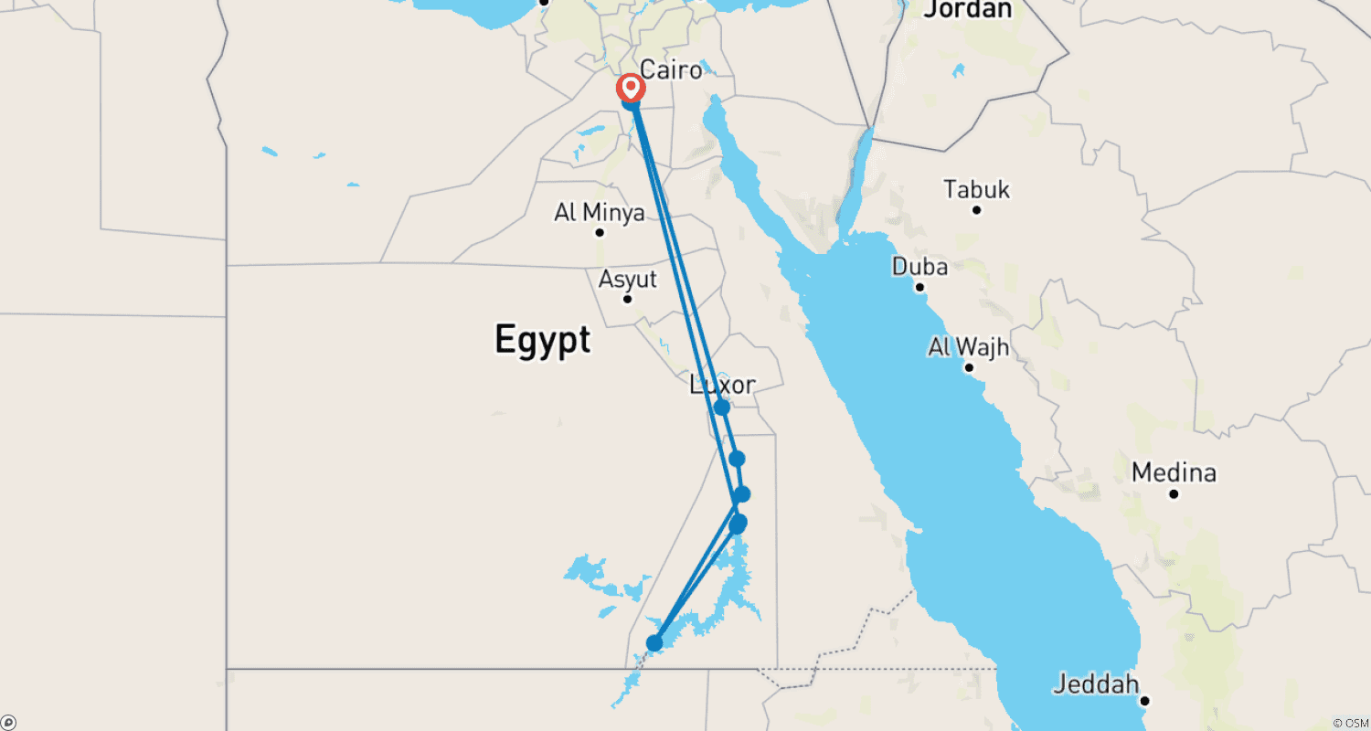 خريطة مسار تراث مصر لمدة 8 أيام - الأهرامات العظيمة، GEM ورحلة نيلية 5 نجوم مع رحلات طيران داخلية (بما في ذلك أبو سمبل)
