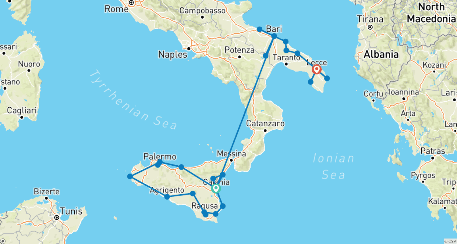 خريطة مسار Sicily, Matera & Puglia - 13 days