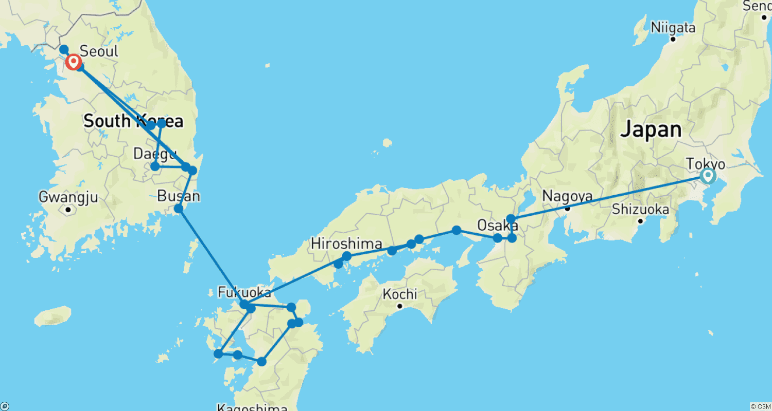 Tokyo, Kyoto, Southern Japan and Koreaのルートマップ