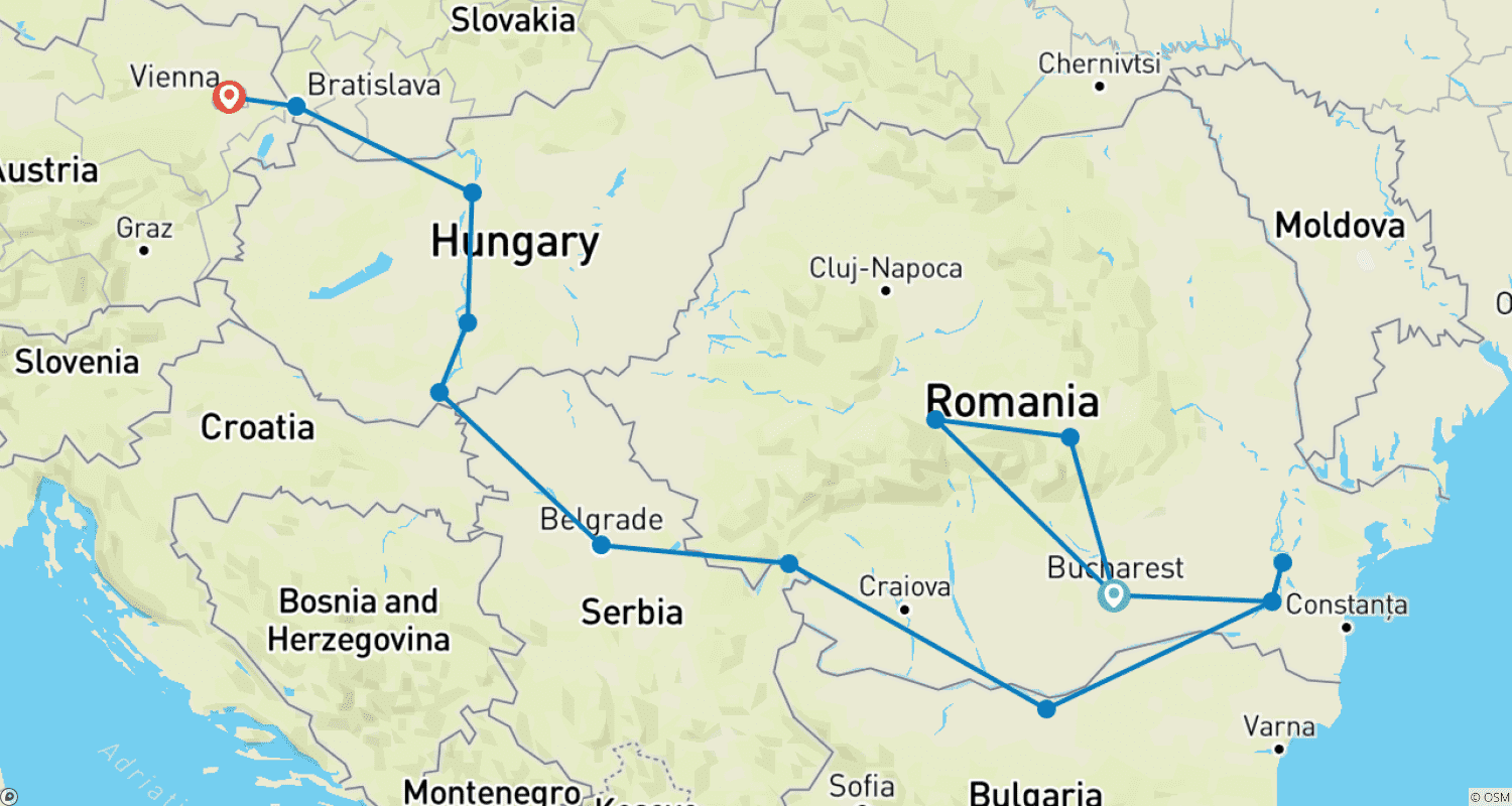 Mapa trasy: Transylvania Pre Program and Lower Danube (Bucharest - Vienna) (15 destinations)