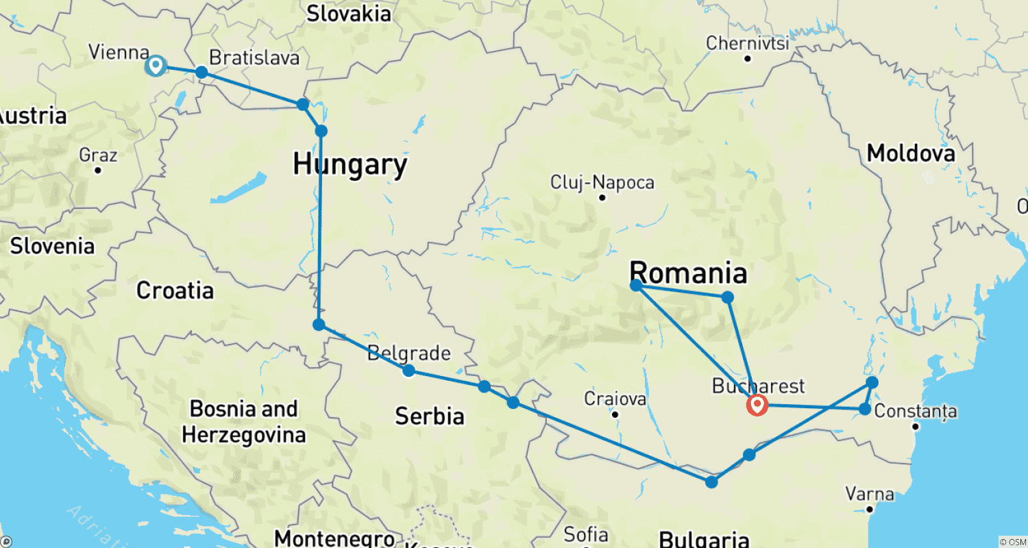Mapa trasy: Lower Danube and Transylvania Extension (Vienna - Bucharest)