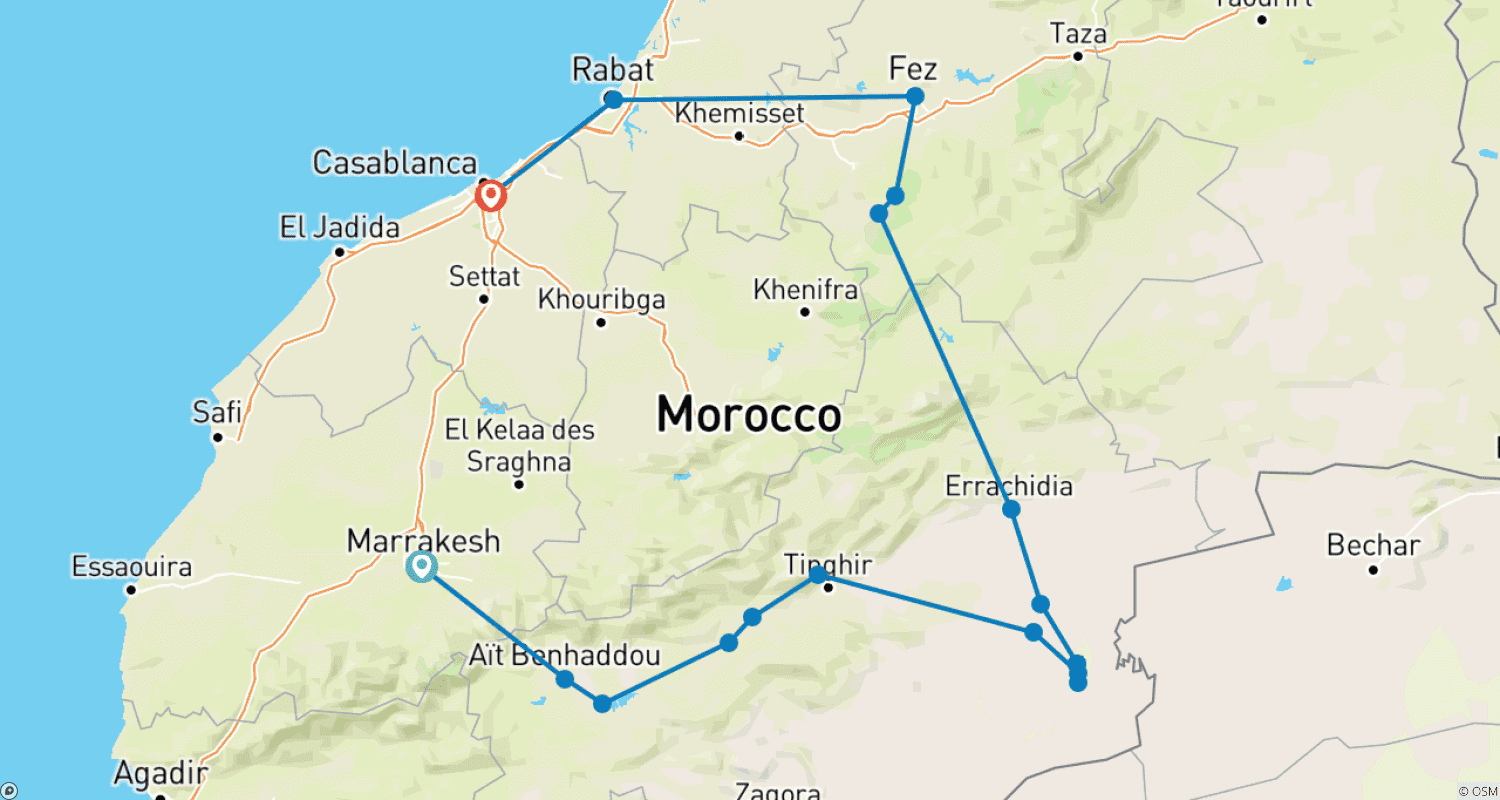 Mapa do percurso de De Marraquexe: Viagem Privada de 6 Dias a Casablanca Via Deserto do Saara e Fez