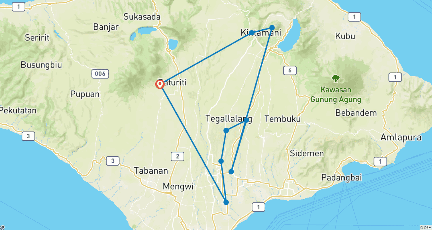 Mapa trasy: 5-dniowa Przygoda na Bali: Kultura Ubud, Góra Batur i Brama Niebios Lempuyang