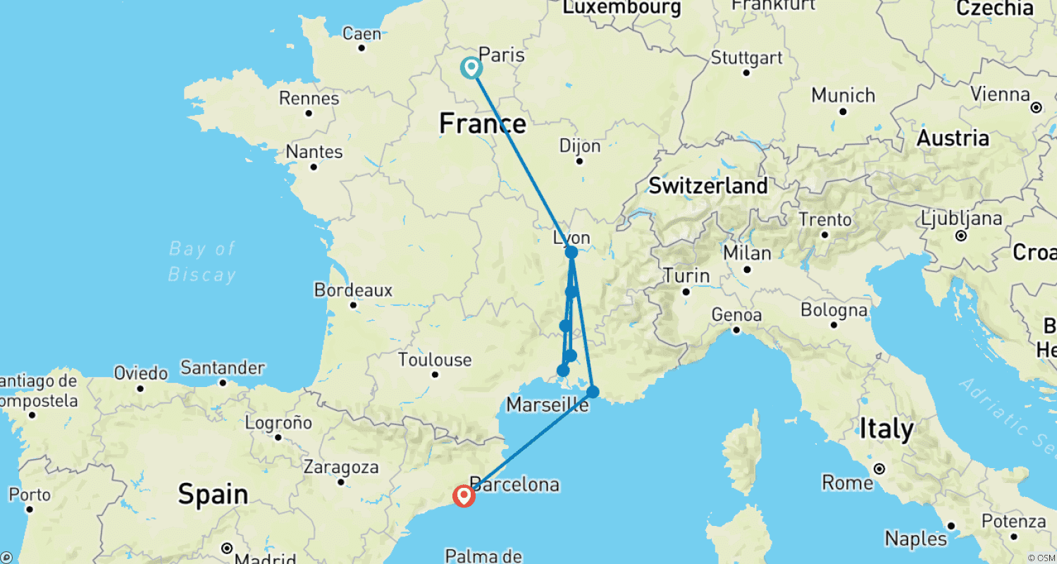 Mapa trasy: 14-dniowa Francuska Elegancja i Hiszpański Urok z Rejsem All-Inclusive po Rodanie