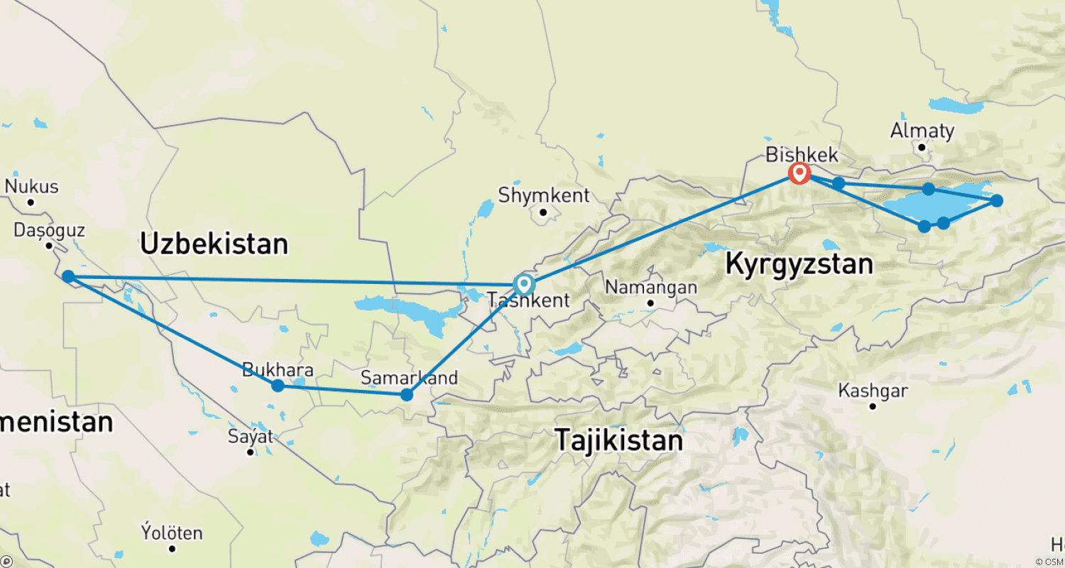 خريطة مسار Customized 11 Days Uzbekistan & Kyrgyzstan Tour, Daily Start & Private Guide