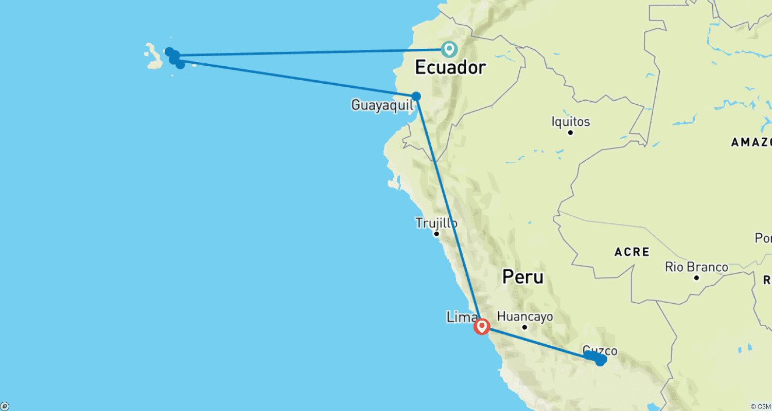 Mapa do percurso de 10-Day Andes, Galápagos Island Hopping & Machu Picchu Tour