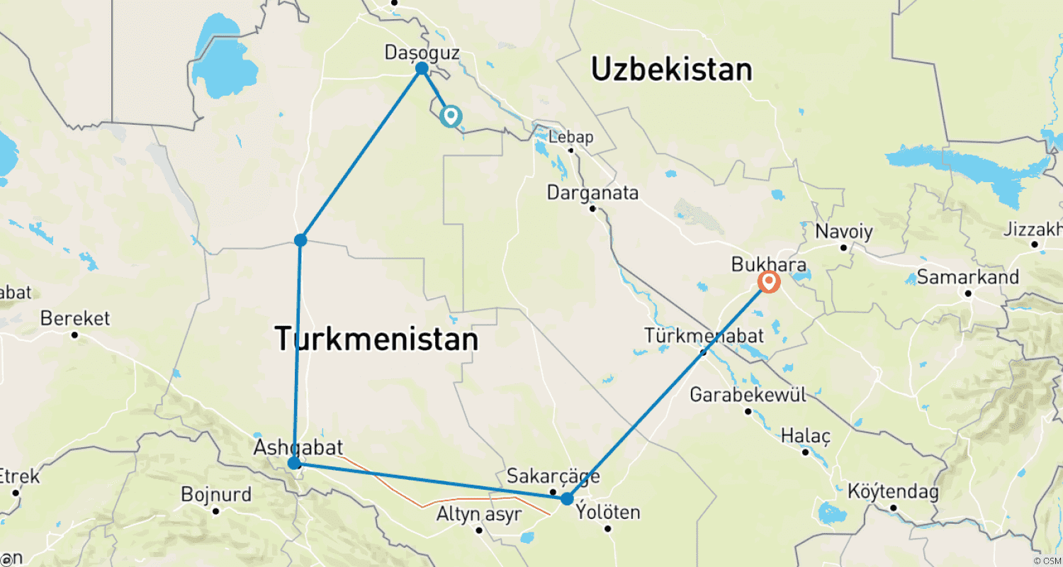 خريطة مسار Explore Turkmenistan Four Days From Darvaza to Ashgabat