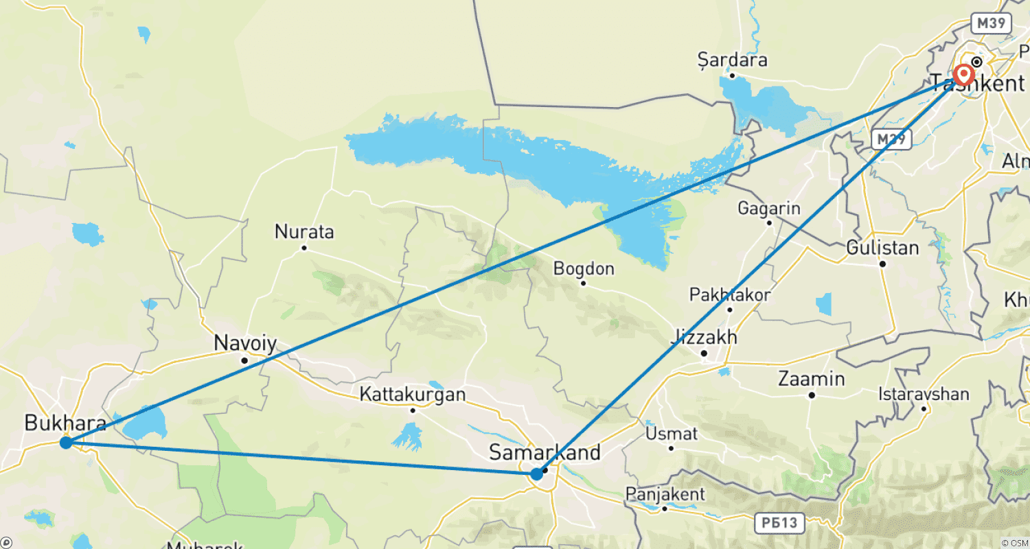 Mapa do percurso de Uzbekistan — a Pérola da Rota da Seda
