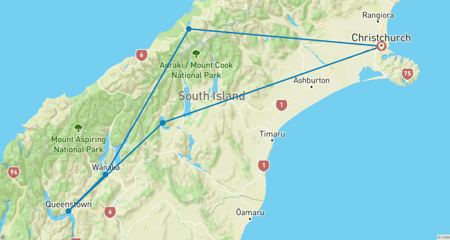 خريطة مسار Southern Wonders of New Zealand – 10 Day Journey