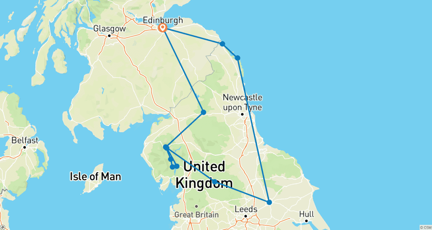 Mapa do percurso de York, Windermere e Muralha de Adriano - 5 dias