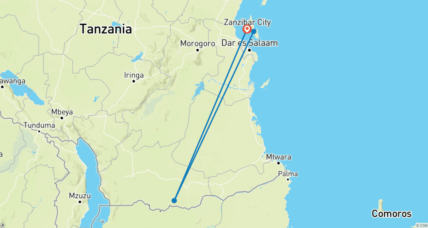 Mapa do percurso de 8 Dias de Fuga Cultural e de Aventura em Zanzibar