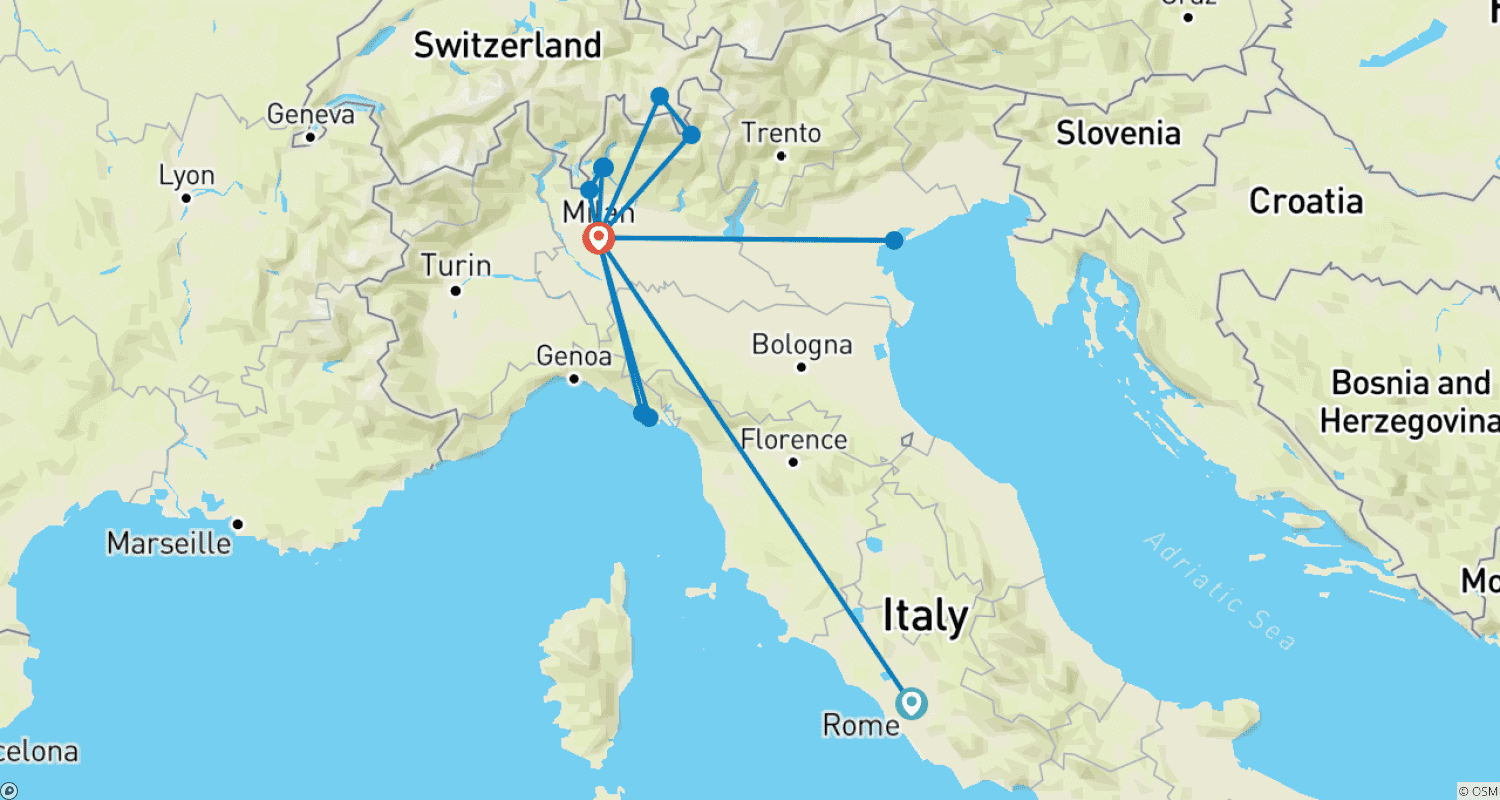 Mapa trasy: Najlepsze z Włoch: Rzym, Mediolan, Jeziora, Cinque Terre i Alpy Szwajcarskie – 9 dni