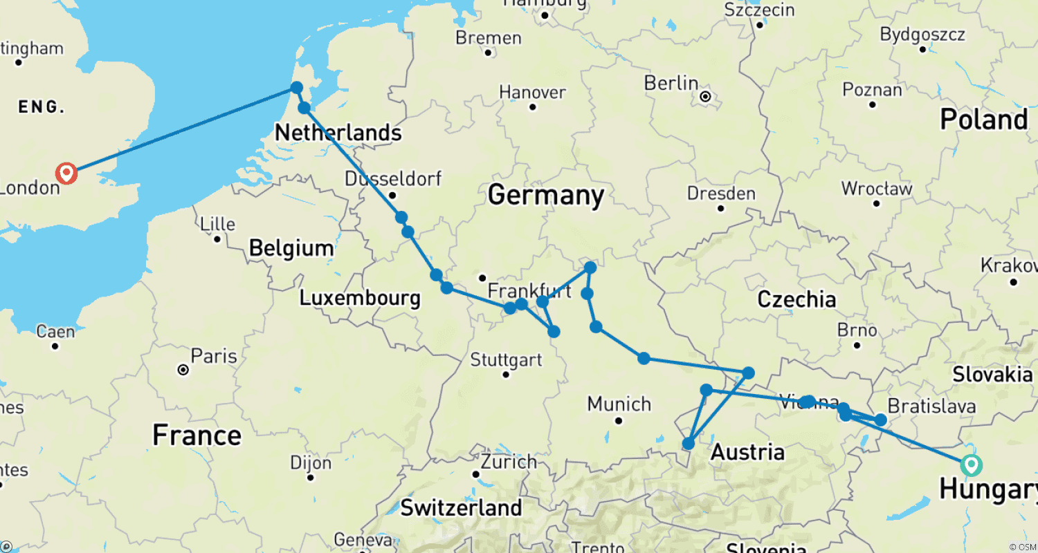 Mapa do percurso de Jóias da Europa com Londres 2027